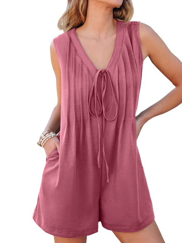 Casual sleeveless collar drawstring pleated jumpsuit-[Adult]-[Female]-2022 Online Blue Zone Planet