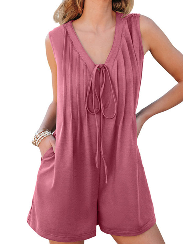 Casual sleeveless collar drawstring pleated jumpsuit-[Adult]-[Female]-Pink-S-2022 Online Blue Zone Planet