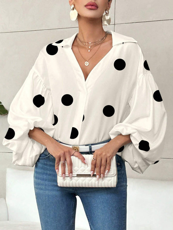 Polka Dot, Loose-Fitting, Puff-Sleeved Top With A Semi-Open Collar.-[Adult]-[Female]-Cracker khaki-S-2022 Online Blue Zone Planet