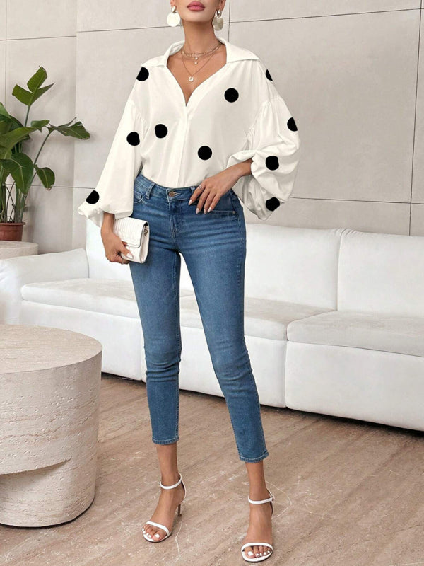 Polka Dot, Loose-Fitting, Puff-Sleeved Top With A Semi-Open Collar.-[Adult]-[Female]-2022 Online Blue Zone Planet