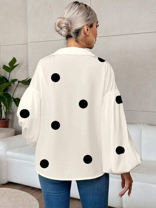 Polka Dot, Loose-Fitting, Puff-Sleeved Top With A Semi-Open Collar.-[Adult]-[Female]-2022 Online Blue Zone Planet