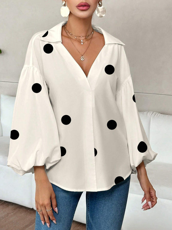 Polka Dot, Loose-Fitting, Puff-Sleeved Top With A Semi-Open Collar.-[Adult]-[Female]-2022 Online Blue Zone Planet