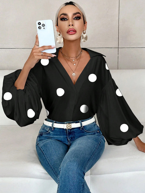 Polka Dot, Loose-Fitting, Puff-Sleeved Top With A Semi-Open Collar.-[Adult]-[Female]-2022 Online Blue Zone Planet