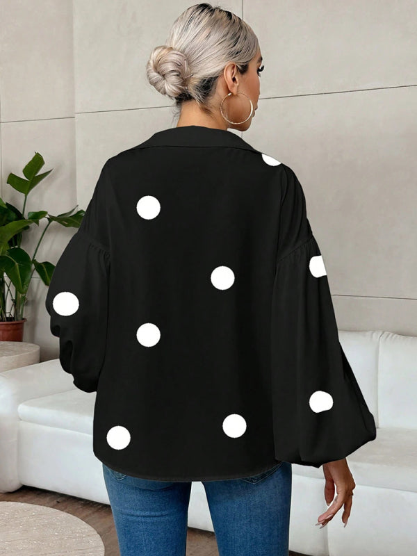 Polka Dot, Loose-Fitting, Puff-Sleeved Top With A Semi-Open Collar.-[Adult]-[Female]-2022 Online Blue Zone Planet