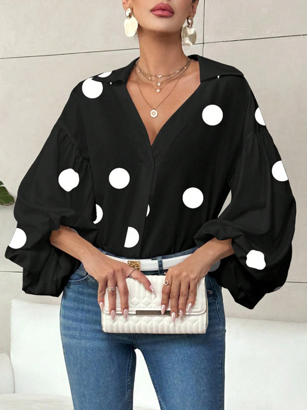 Polka Dot, Loose-Fitting, Puff-Sleeved Top With A Semi-Open Collar.-[Adult]-[Female]-Black-S-2022 Online Blue Zone Planet