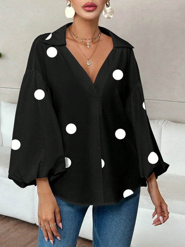 Polka Dot, Loose-Fitting, Puff-Sleeved Top With A Semi-Open Collar.-[Adult]-[Female]-2022 Online Blue Zone Planet