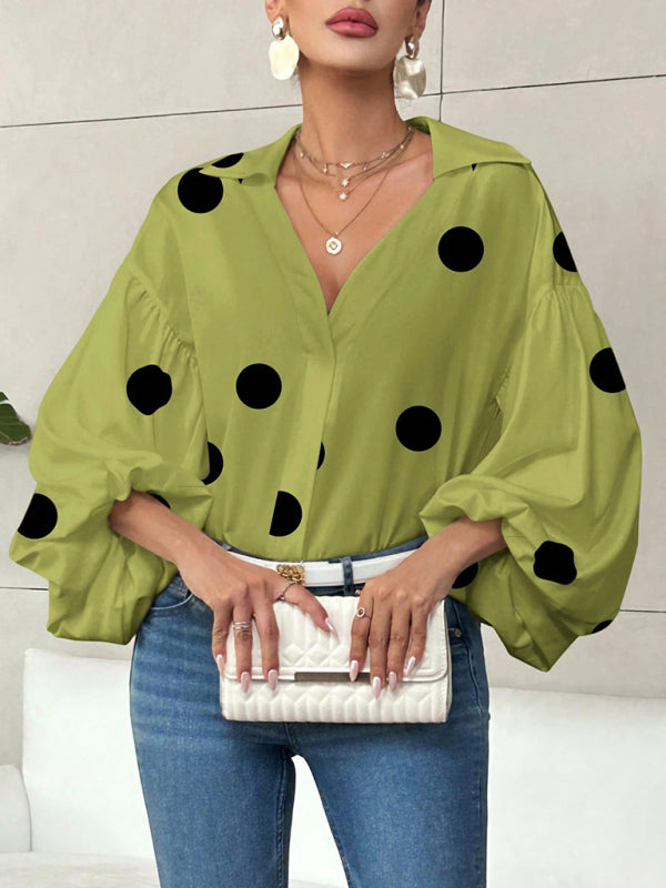 Polka Dot, Loose-Fitting, Puff-Sleeved Top With A Semi-Open Collar.-[Adult]-[Female]-Green-S-2022 Online Blue Zone Planet