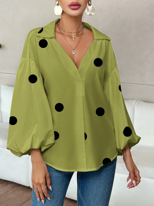 Polka Dot, Loose-Fitting, Puff-Sleeved Top With A Semi-Open Collar.-[Adult]-[Female]-2022 Online Blue Zone Planet