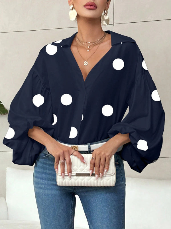 Polka Dot, Loose-Fitting, Puff-Sleeved Top With A Semi-Open Collar.-[Adult]-[Female]-Champlain color-S-2022 Online Blue Zone Planet