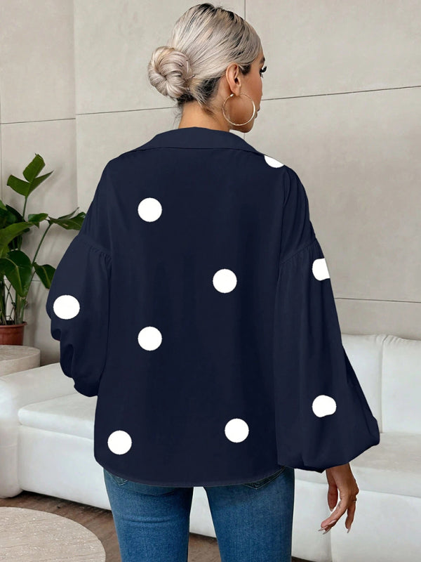 Polka Dot, Loose-Fitting, Puff-Sleeved Top With A Semi-Open Collar.-[Adult]-[Female]-2022 Online Blue Zone Planet