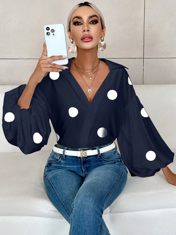 Polka Dot, Loose-Fitting, Puff-Sleeved Top With A Semi-Open Collar.-[Adult]-[Female]-2022 Online Blue Zone Planet