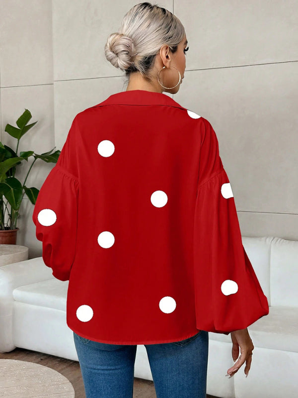 Polka Dot, Loose-Fitting, Puff-Sleeved Top With A Semi-Open Collar.-[Adult]-[Female]-2022 Online Blue Zone Planet