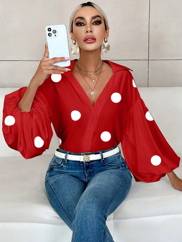 Polka Dot, Loose-Fitting, Puff-Sleeved Top With A Semi-Open Collar.-[Adult]-[Female]-2022 Online Blue Zone Planet