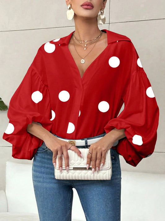 Polka Dot, Loose-Fitting, Puff-Sleeved Top With A Semi-Open Collar.-[Adult]-[Female]-Red-S-2022 Online Blue Zone Planet