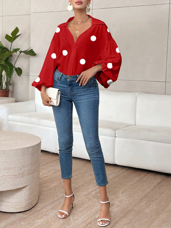 Polka Dot, Loose-Fitting, Puff-Sleeved Top With A Semi-Open Collar.-[Adult]-[Female]-2022 Online Blue Zone Planet