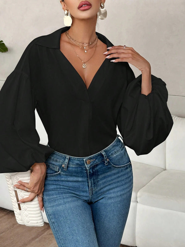 Long-Fitting, Puff-Sleeved Top With A Semi-Open Collar-[Adult]-[Female]-Black-S-2022 Online Blue Zone Planet