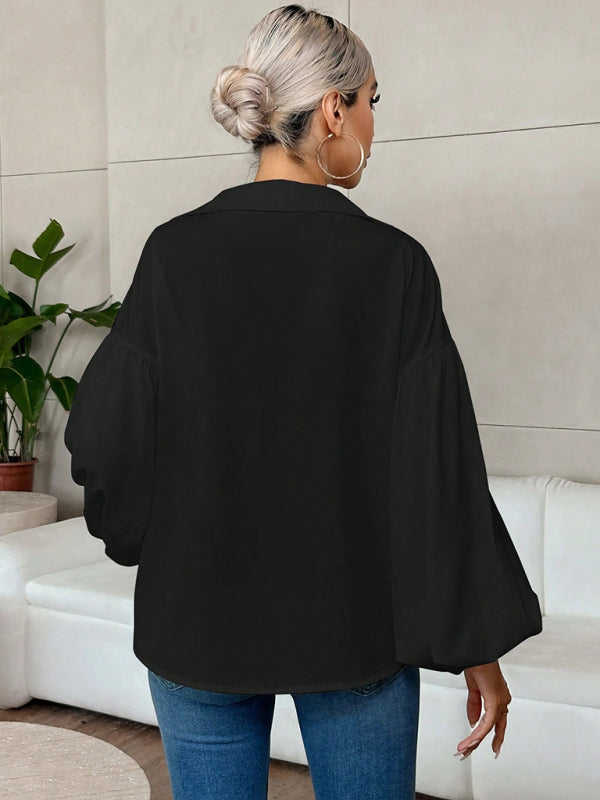 Long-Fitting, Puff-Sleeved Top With A Semi-Open Collar-[Adult]-[Female]-2022 Online Blue Zone Planet