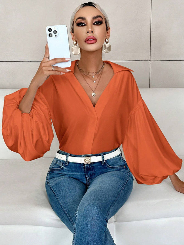 Long-Fitting, Puff-Sleeved Top With A Semi-Open Collar-[Adult]-[Female]-2022 Online Blue Zone Planet