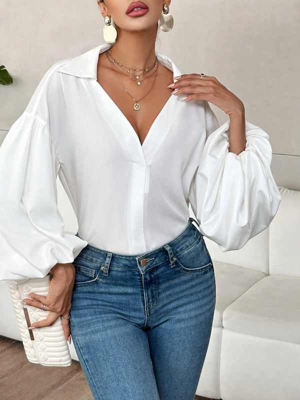 Long-Fitting, Puff-Sleeved Top With A Semi-Open Collar-[Adult]-[Female]-2022 Online Blue Zone Planet