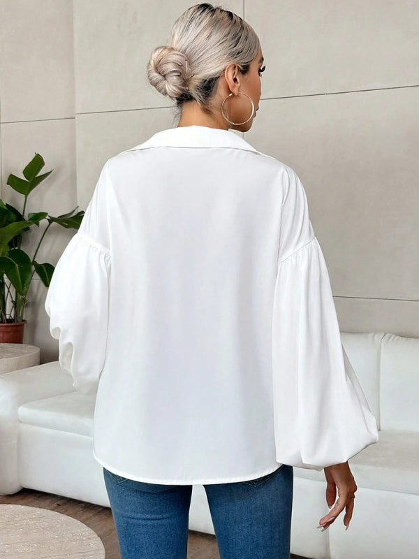 Long-Fitting, Puff-Sleeved Top With A Semi-Open Collar-[Adult]-[Female]-2022 Online Blue Zone Planet