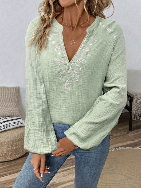 Ethnic style fashionable casual V-neck embroidered cotton top-[Adult]-[Female]-2022 Online Blue Zone Planet