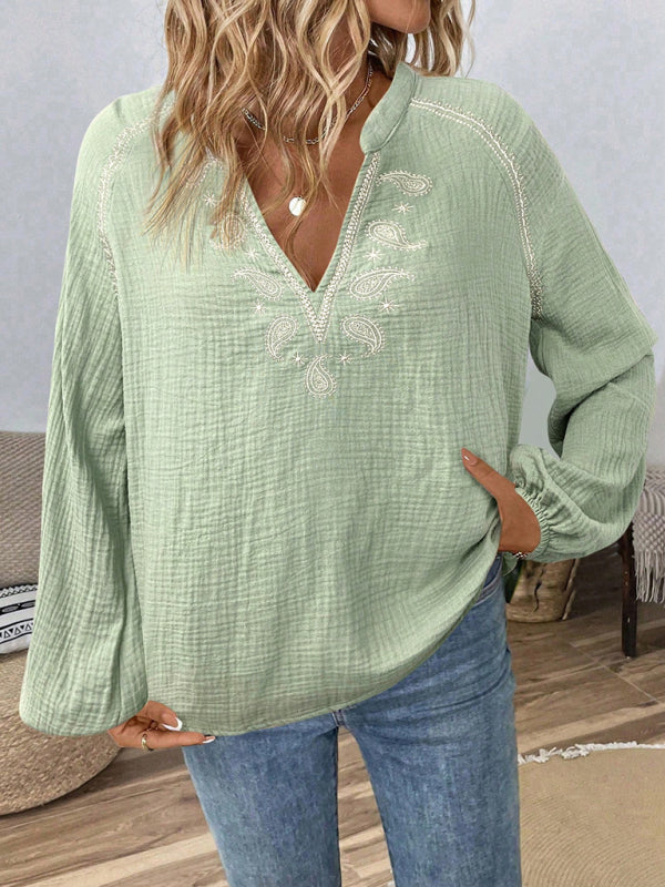 Ethnic style fashionable casual V-neck embroidered cotton top-[Adult]-[Female]-Pale green-S-2022 Online Blue Zone Planet