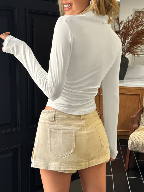 Lapel Casual Long-Sleeved Shirt-[Adult]-[Female]-2022 Online Blue Zone Planet