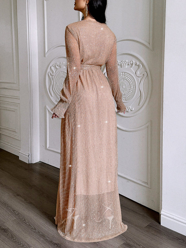 Elegant V-neck long-sleeved corset maxi dress-[Adult]-[Female]-2022 Online Blue Zone Planet