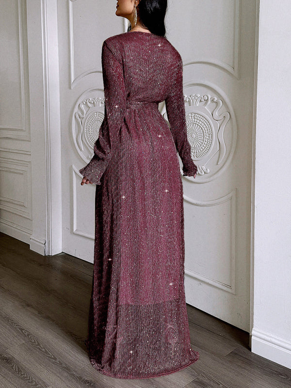 Elegant V-neck long-sleeved corset maxi dress-[Adult]-[Female]-2022 Online Blue Zone Planet