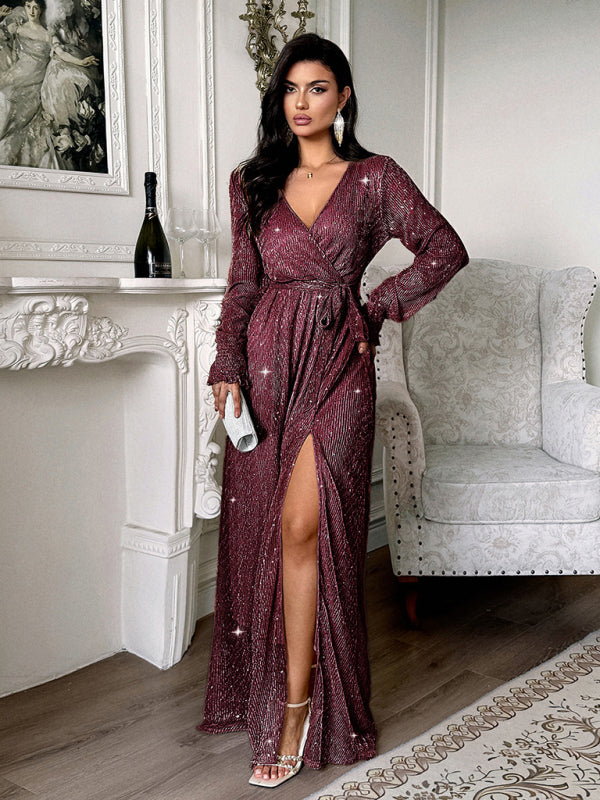 Elegant V-neck long-sleeved corset maxi dress-[Adult]-[Female]-Wine Red-S-2022 Online Blue Zone Planet
