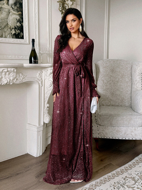 Elegant V-neck long-sleeved corset maxi dress-[Adult]-[Female]-2022 Online Blue Zone Planet