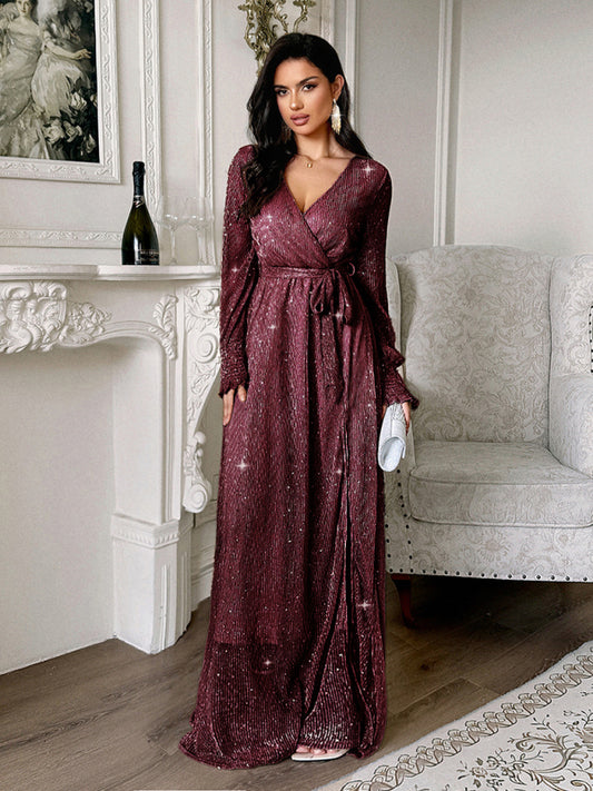 Elegant V-neck long-sleeved corset maxi dress-[Adult]-[Female]-2022 Online Blue Zone Planet