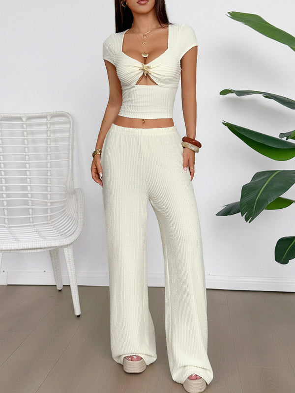 Y2K sports style short-sleeved vest wide-leg pants set-[Adult]-[Female]-Cracker khaki-S-2022 Online Blue Zone Planet