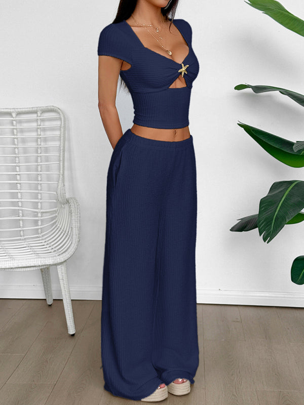 Y2K sports style short-sleeved vest wide-leg pants set-[Adult]-[Female]-2022 Online Blue Zone Planet