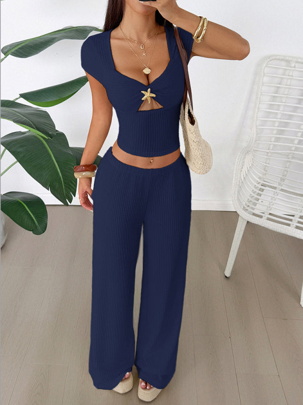Y2K sports style short-sleeved vest wide-leg pants set-[Adult]-[Female]-Champlain color-S-2022 Online Blue Zone Planet