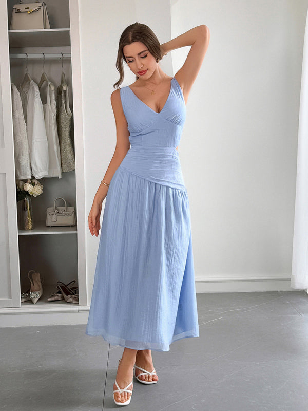Vacation deep V sleeveless long dress-TOPS / DRESSES-[Adult]-[Female]-Blue-S-2022 Online Blue Zone Planet