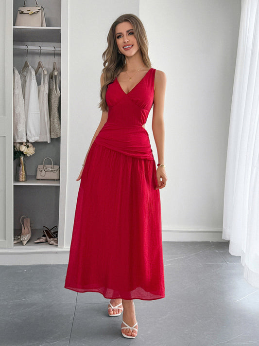 Vacation deep V sleeveless long dress-TOPS / DRESSES-[Adult]-[Female]-Red-S-2022 Online Blue Zone Planet
