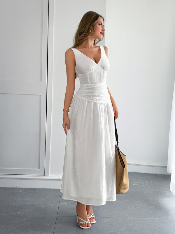 Vacation deep V sleeveless long dress-TOPS / DRESSES-[Adult]-[Female]-White-S-2022 Online Blue Zone Planet