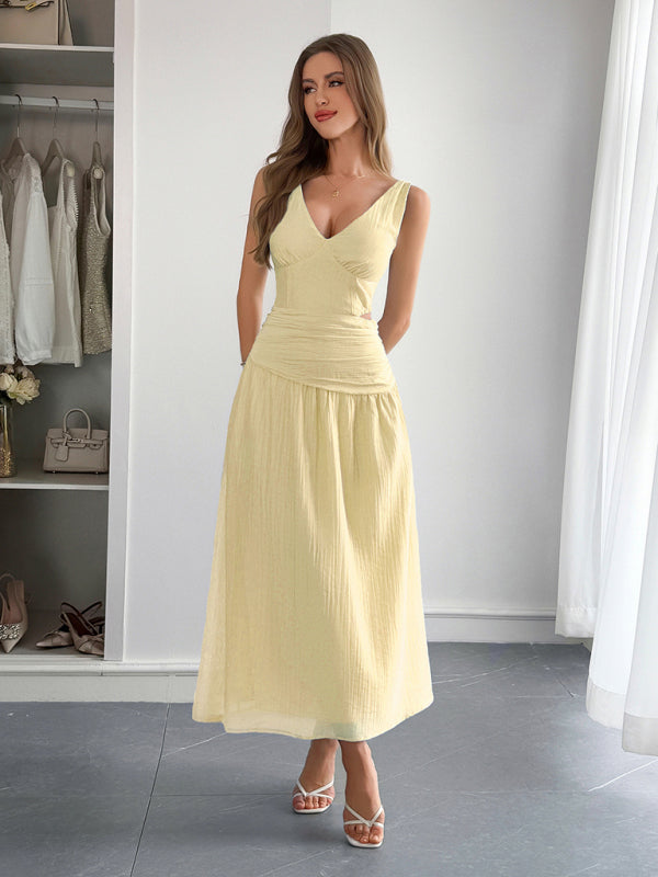 Vacation deep V sleeveless long dress-TOPS / DRESSES-[Adult]-[Female]-Yellow-S-2022 Online Blue Zone Planet