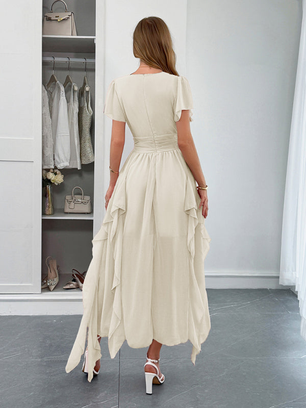 Elegant short-sleeved deep V long dress-TOPS / DRESSES-[Adult]-[Female]-2022 Online Blue Zone Planet