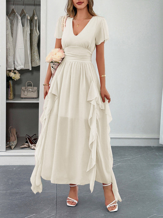 Elegant short-sleeved deep V long dress-TOPS / DRESSES-[Adult]-[Female]-Cracker khaki-S-2022 Online Blue Zone Planet