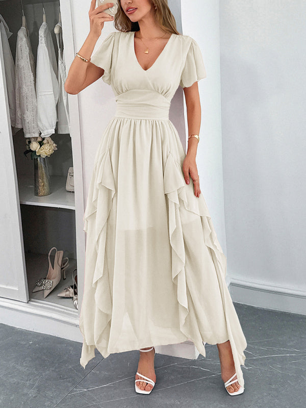 Elegant short-sleeved deep V long dress-TOPS / DRESSES-[Adult]-[Female]-2022 Online Blue Zone Planet