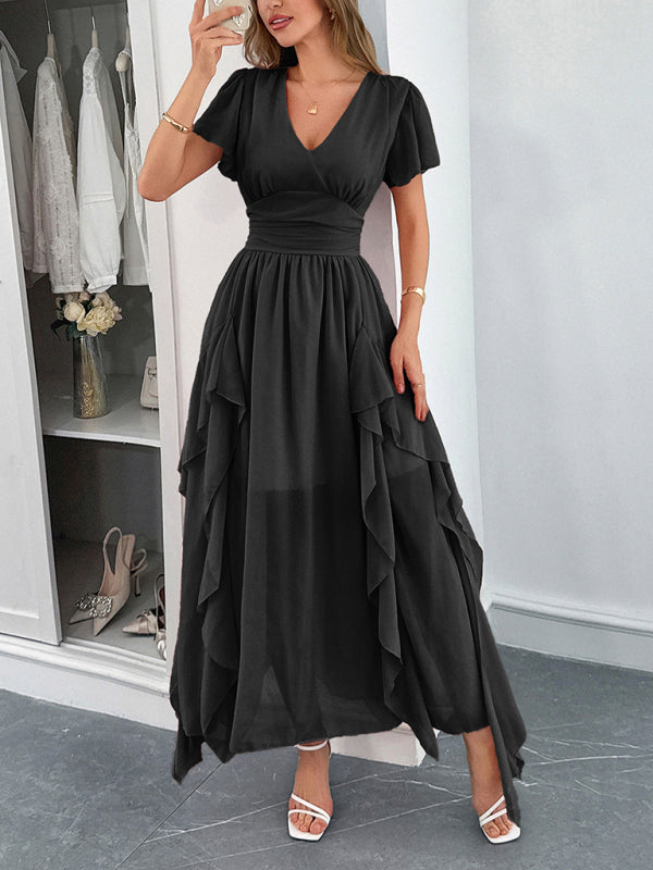 Elegant short-sleeved deep V long dress-TOPS / DRESSES-[Adult]-[Female]-2022 Online Blue Zone Planet