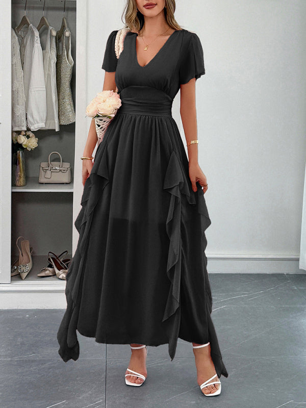 Elegant short-sleeved deep V long dress-TOPS / DRESSES-[Adult]-[Female]-Black-S-2022 Online Blue Zone Planet