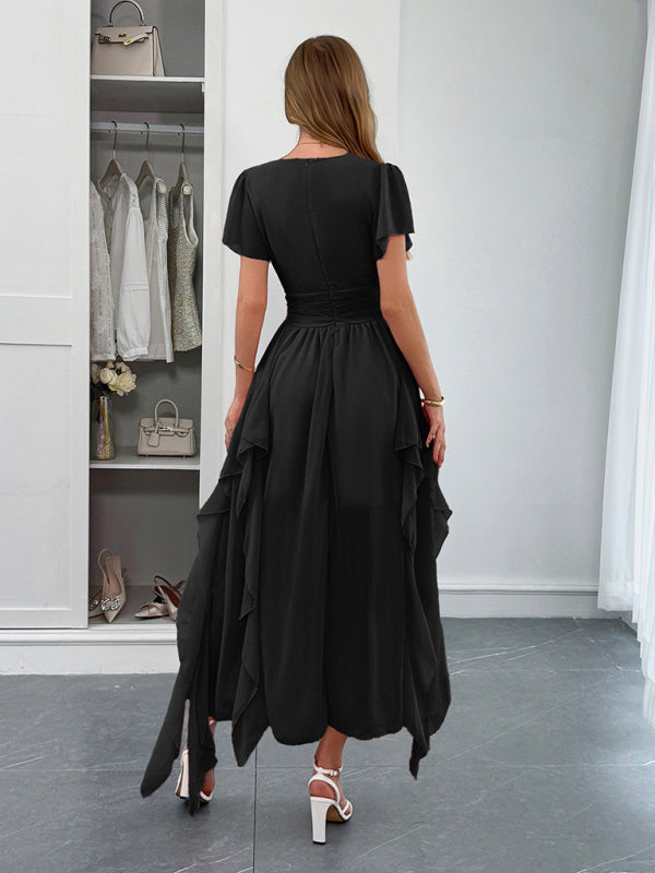 Elegant short-sleeved deep V long dress-TOPS / DRESSES-[Adult]-[Female]-2022 Online Blue Zone Planet