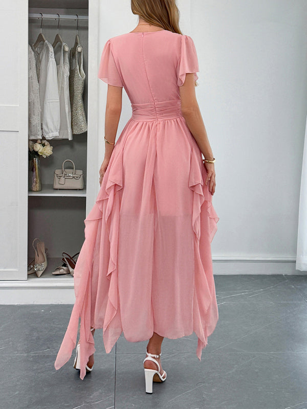 Elegant short-sleeved deep V long dress-TOPS / DRESSES-[Adult]-[Female]-2022 Online Blue Zone Planet