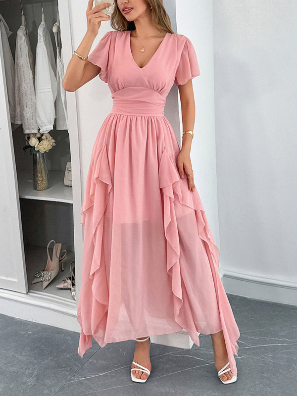 Elegant short-sleeved deep V long dress-TOPS / DRESSES-[Adult]-[Female]-2022 Online Blue Zone Planet