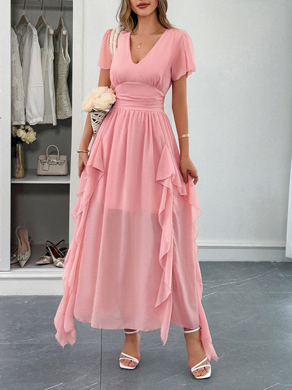 Elegant short-sleeved deep V long dress-TOPS / DRESSES-[Adult]-[Female]-Pink-S-2022 Online Blue Zone Planet