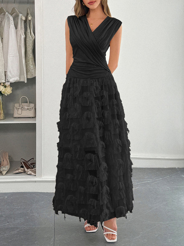 Elegant deep V paneled long dress-TOPS / DRESSES-[Adult]-[Female]-2022 Online Blue Zone Planet