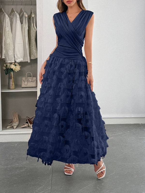 Elegant deep V paneled long dress-TOPS / DRESSES-[Adult]-[Female]-Royal blue-S-2022 Online Blue Zone Planet